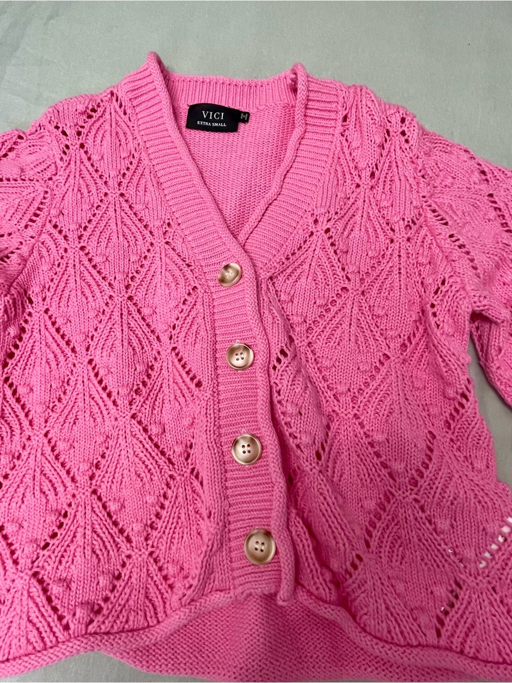 Vici Hot Pink Open-Knit Scallop Button Cardigan